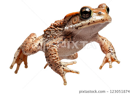Brown toad jumping isolated on a transparent background. High-detailed amphibian in mid-air leap, showcasing its textured skin, strong legs, and natural coloration. 123051874