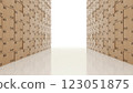 Cardboard boxes forming a corridor leading to white background 123051875