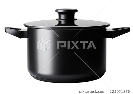 Black non-stick cooking pot with lid isolated on a transparent background. Modern matte black stockpot with two ergonomic handles and a glass cover for professional and home kitchen use. 123051876