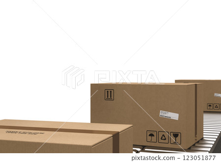 Cardboard boxes moving on conveyor belt in distribution warehouse 123051877