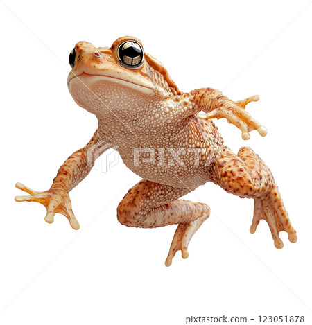 Brown toad jumping isolated on a transparent background. High-detailed amphibian in mid-air leap, showcasing its textured skin, strong legs, and natural coloration. 123051878