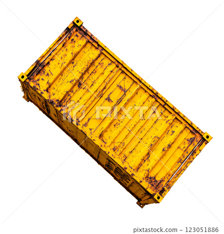 Yellow shipping container isolated on a transparent background. Cargo freight container with closed doors, industrial logistics and transportation. 123051886