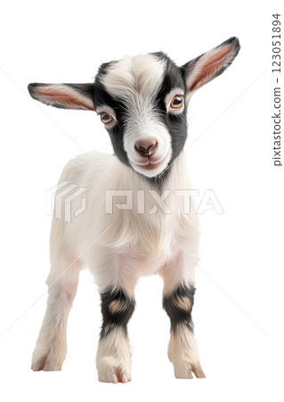 Adorable baby goat isolated on a transparent background. Cute young goat standing with fluffy fur, black and white markings, and perked-up ears, perfect for farm-themed designs. Adorable baby goat isolated on a transparent background. Cute young goat standing with fluffy fur, black and white markings, and perked-up ears, perfect for farm-themed designs. 123051894
