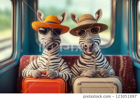 Zebras wearing sunglasses and summer hats traveling by train Zebras wearing sunglasses and summer hats traveling by train 123051897
