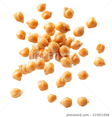 Dried chickpeas isolated on a transparent background. Scattered raw garbanzo beans, organic legumes for healthy cooking and plant-based diets. 123051898