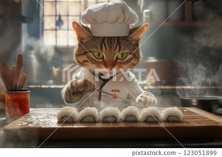 Cat chef preparing sushi in a restaurant kitchen 123051899