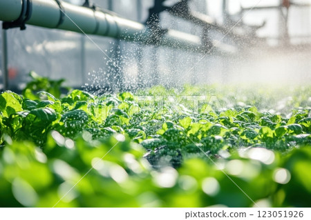 Automated watering system irrigating plants in greenhouse, ensuring optimal growth Automated watering system irrigating plants in greenhouse, ensuring optimal growth 123051926