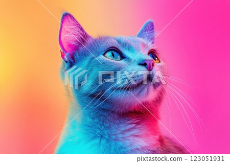 Cat illuminated by colorful neon lights creating a vibrant portrait 123051931