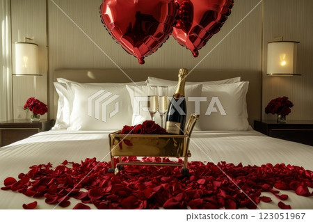 Luxurious hotel room decorated with rose petals, champagne, and heart balloons for romantic celebration 123051967