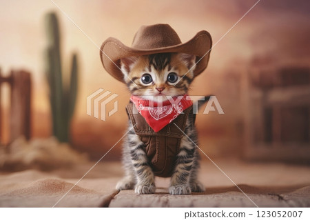 Adorable kitten posing as a tiny cowboy in a wild west setting 123052007