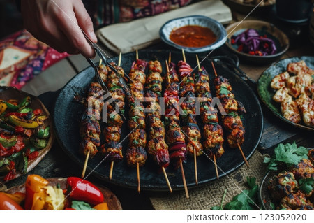 Chef using tongs arranging grilled meat skewers on a platter Chef using tongs arranging grilled meat skewers on a platter 123052020