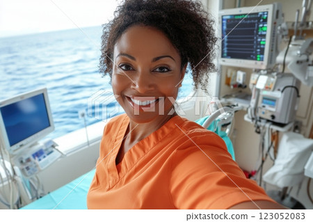 Smiling doctor taking selfie in hospital ship medical room 123052083
