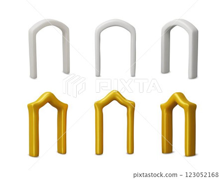 3D arch frames vector set, golden and white glossy doorways, vintage curve border design, Arabic and classic style gates 3D arch frames vector set, golden and white glossy doorways, vintage curve border design, Arabic and classic style gates 123052168