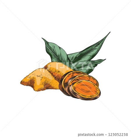 Turmeric leaves, root slices and powder heap sketch, vector hand drawn Curcuma spicy spice seasoning, ginger condiment 123052238