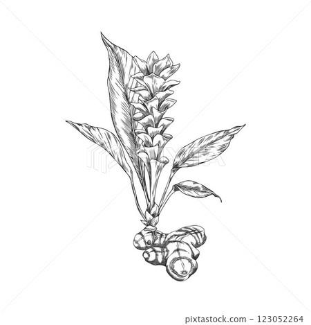 Turmeric plant flower, root engraved sketch vector icon, hand drawn Curcuma spice, organic seasoning, ginger condiment Turmeric plant flower, root engraved sketch vector icon, hand drawn Curcuma spice, organic seasoning, ginger condiment 123052264