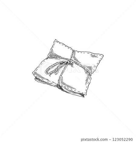 Aromatic sachet textile bag pillow shape engraved sketch vector icon, hand drawn freshener cushion tied with a rope 123052290