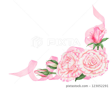 Hand-painted watercolor pink rose floral arrangement with green leaves and ribbon on a transparent background. Ideal for wedding decor, greeting cards and romantic floral compositions. Hand-painted watercolor pink rose floral arrangement with green leaves and ribbon on a transparent background. Ideal for wedding decor, greeting cards and romantic floral compositions. 123052291