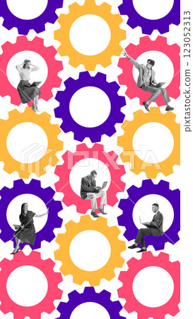 Multiple business people seated on colorful interconnected gears. Representing complexity, teamwork, and constant motion within corporate dynamics. 123052313