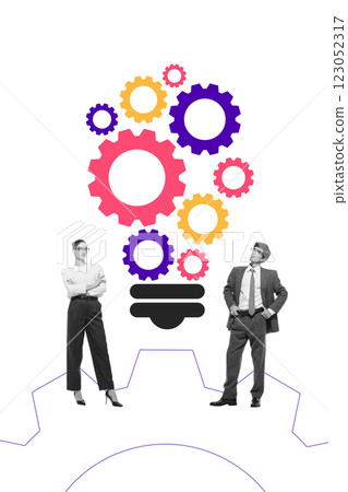 Business colleagues standing under floating interconnected gears forming light bulb. Collaboration, innovation, and creative problem-solving. Conceptual design. 123052317