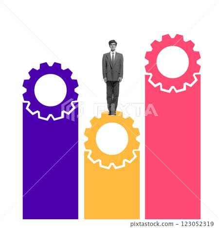 Businessman in suit standing atop colorful vertical gears. Growth, hierarchy, and advancement within structured corporate ladder. Conceptual design. Businessman in suit standing atop colorful vertical gears. Growth, hierarchy, and advancement within structured corporate ladder. Conceptual design. 123052319
