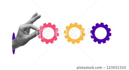 Hand interacting with colorful gears in sequence, illustrating precision, organization, and optimization of business mechanisms. Conceptual design. Hand interacting with colorful gears in sequence, illustrating precision, organization, and optimization of business mechanisms. Conceptual design. 123052320