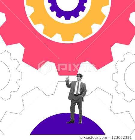 Businessman in suit pointing upwards, surrounded by overlapping gears, representing leadership, problem-solving, and strategic thinking. Conceptual design. Businessman in suit pointing upwards, surrounded by overlapping gears, representing leadership, problem-solving, and strategic thinking. Conceptual design. 123052321