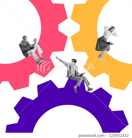 Three employees interacting on colorful gears, depicting teamwork, leadership, and digital engagement in dynamic corporate structure. Conceptual design. 123052322