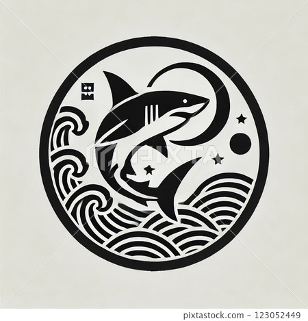 A family crest-style logo with a shark motif A family crest-style logo with a shark motif 123052449
