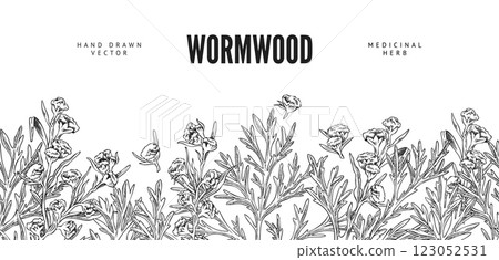 Wormwood plant engraved sketch seamless border, vector hand drawn flowers and leaves, medical Artemisia essential herb 123052531