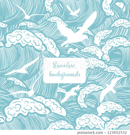 Seamless background sea graphic blue. Hello summer . Not AI, Vector illustration 123052532