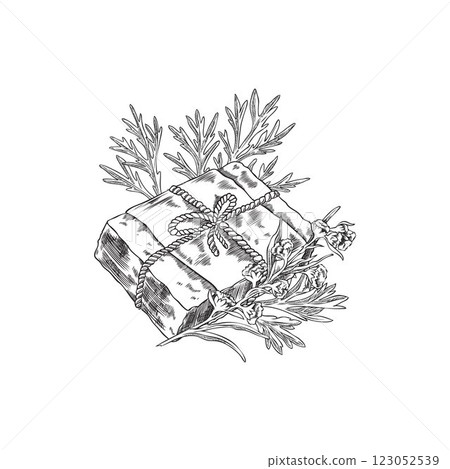 Handmade natural wormwood plant essential oil soap engraved sketch, hand drawn Artemisia herbal soap brick cosmetics 123052539