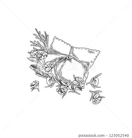 Wormwood plant and essential aroma sachet engraved sketch, hand drawn Artemisia flowers leaves, herbal fragrance product 123052540