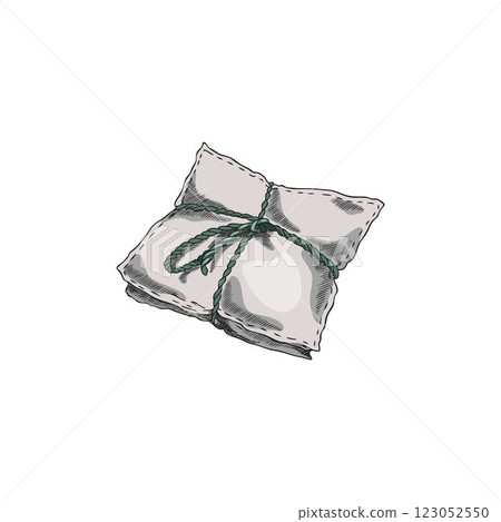 Aromatic sachet textile bag pillow shape sketch vector icon, hand drawn essential freshener cushion tied with green rope 123052550