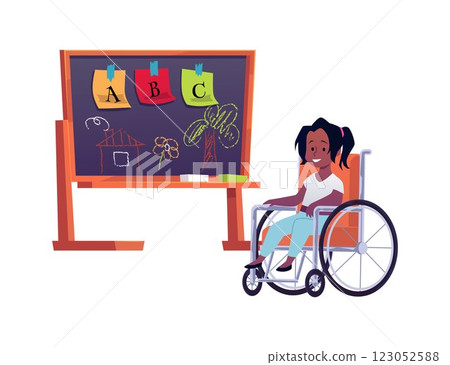 Vector illustration of happy girl in wheelchair near chalk board with drawings and letters. 123052588