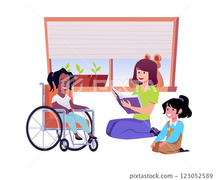 Teacher reading a book sitting on the floor with children and a girl in a wheelchair. 123052589