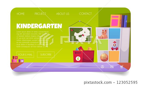 Kindergarten educational website web page banner with cabinet, toys, storage box, map and books. Kindergarten educational website web page banner with cabinet, toys, storage box, map and books. 123052595
