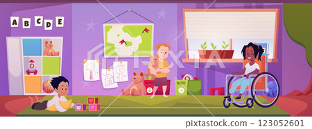Kindergarten room interior with playing little kids, vector cartoon handicapped girl sitting in wheelchair in playroom 123052601