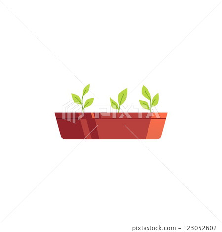 Green plant in brown pot vector flat icon, potted flower in container rectangular shape, sprouts floral interior decor 123052602