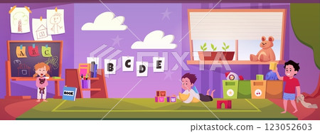 Kindergarten room interior with playing little kids, vector nursery school environment for teaching kids, playing games 123052603