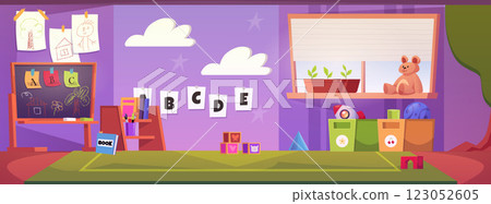 Classroom interior with arranged toys, chalk board, window and bookshelf. 123052605