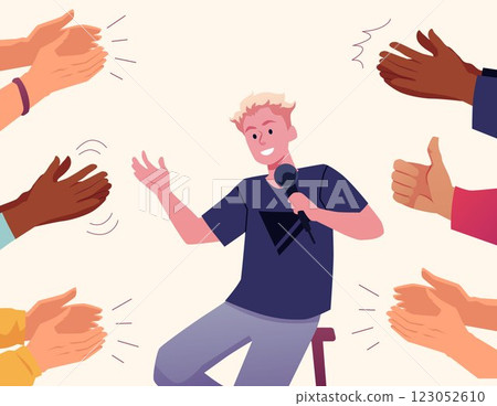 Hands clapping and thumbs up ovation to man performance vector illustration, multinational audience applauding to guy Hands clapping and thumbs up ovation to man performance vector illustration, multinational audience applauding to guy 123052610