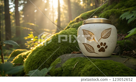 The Serene Pet Memorial Jar beautifully resides in a tranquil forest, creating a calming atmosphere 123052652