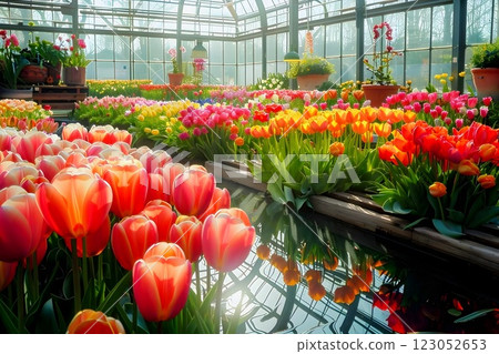 A greenhouse with blooming tulips creates a beautiful space for gardening and enjoying nature 123052653