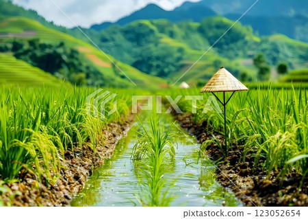 Enjoy the picturesque view of rice fields with Vietnamese hats under the serene sky 123052654