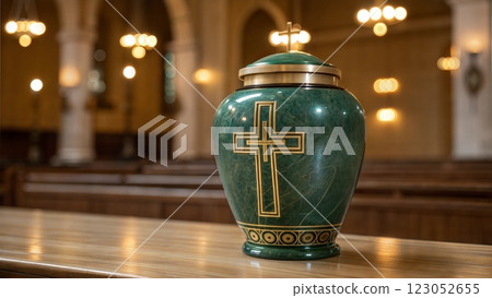 An elegant urn with a cross is beautifully displayed in a serene church, evoking peace 123052655