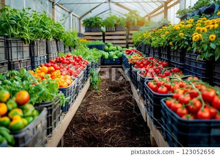 Vivid and colorful abundance of fresh vegetables in a greenhouse during harvest season 123052656