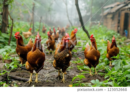 Chickens wandering freely in the lush green pastures help promote sustainable agriculture practices 123052668