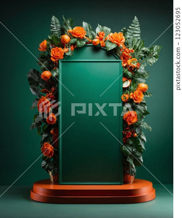 Autumn green podium with orange floral frame Autumn green podium with orange floral frame 123052695
