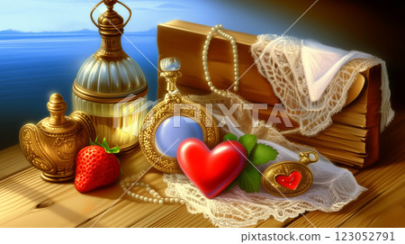 Vintage Love: Heart Locket, Perfume Bottles, and Lace on Wooden Table by the Sea Vintage Love: Heart Locket, Perfume Bottles, and Lace on Wooden Table by the Sea 123052791
