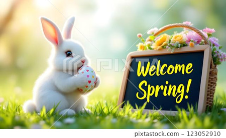 An adorable bunny joyfully welcomes the vibrant spring season with an array of beautiful flowers 123052910